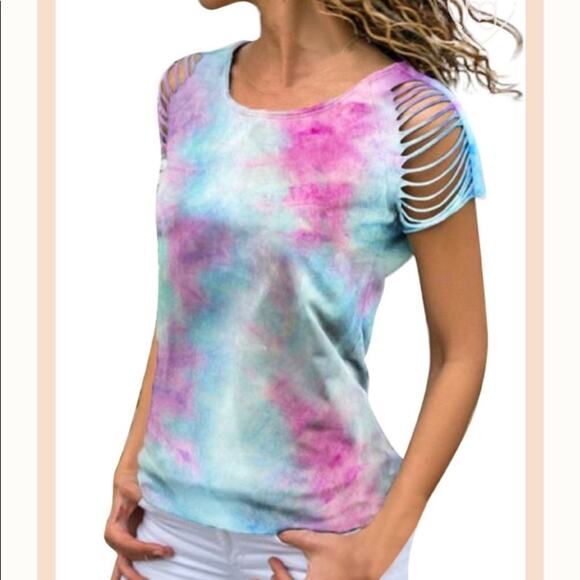 NEW TIE DYE PASTEL DISTRESSED SLEEVE TEE - Picture 1 of 5